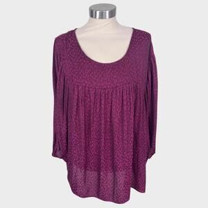 Ophelia Roe Womens 3X Blouse Purple Print Keyhole Back Sheer Polyester